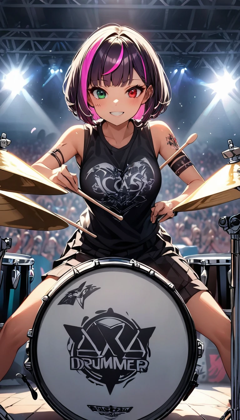 hort hair, ((bob cut:1.5))、pink and purple ((streaked hair:1.9)), (highlights hair: 1.6), middium breast, (tan skin:1), Music band、Cheerful pose、Concert Light、t-shirt and short pants、Dynamic Movement、hypnotic sounds、amplifier、Loud music、Drams、rock drums set, (sitting inside the drums set:1.5), ((holding drum sticks both hands:1.5)), (beating drums:1.8), ((playing drum hard:1.8)), Passionate performance、Rock star aura、An exciting atmosphere、cowboy shot, (Floral Fineline tattoo design on right arm:1), music studio room