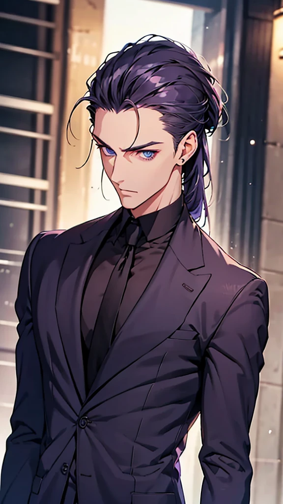 Male, blue eyes, purple slicked back ponytail, navy blue checkered suit, thin eyebrows, slim body, upper body