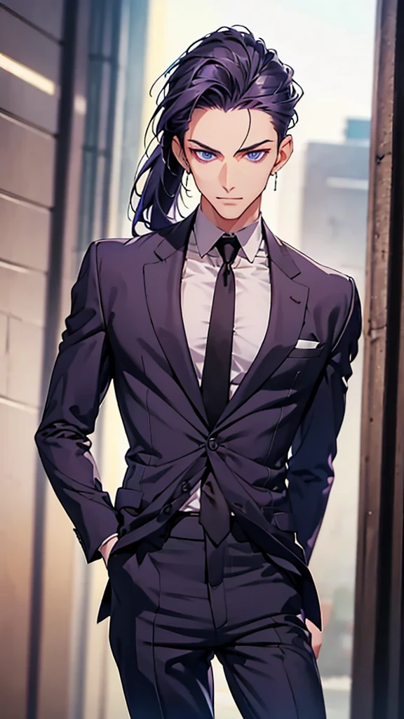 Male, blue eyes, purple slicked back ponytail, navy blue checkered suit, thin eyebrows, slim body, upper body