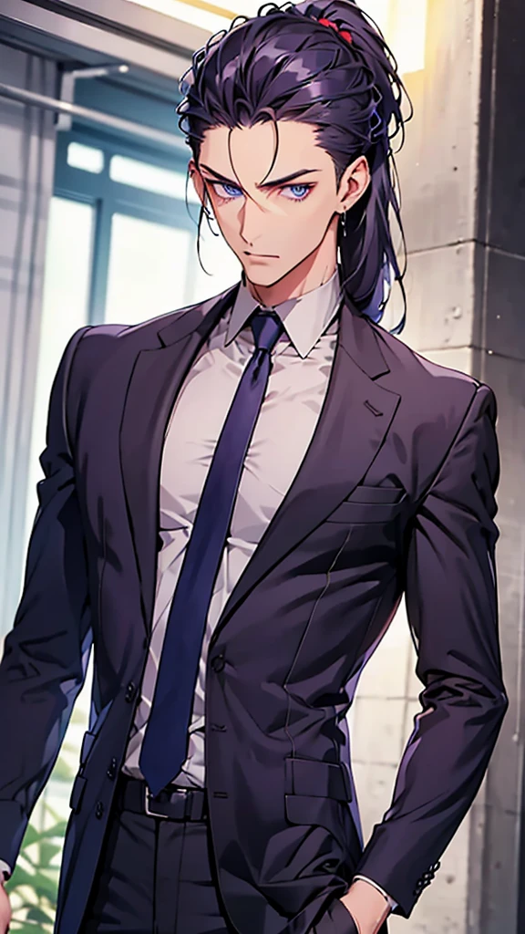 Male, blue eyes, purple slicked back ponytail, navy blue checkered suit, thin eyebrows, slim body, upper body
