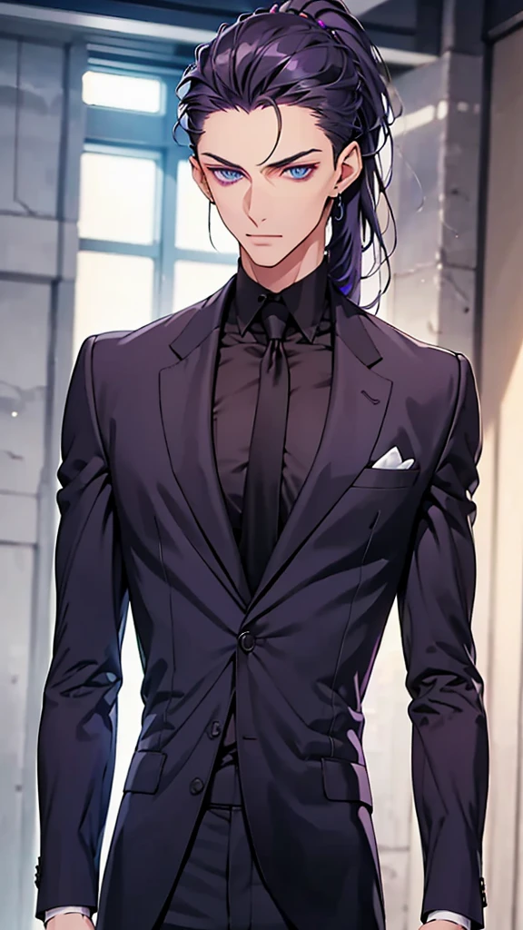 Male, blue eyes, purple slicked back ponytail, navy blue checkered suit, thin eyebrows, slim body, upper body