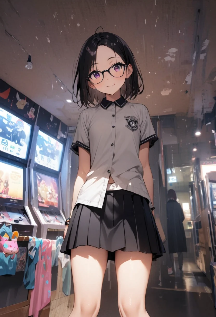 I can see your pants、arcade、game machine、Game bench、UFO Catcher、Purikura、Date、Fashionable glasses、forehead、A miniskirt flutters、Girl、Girl、Short、Younger、、Baby Face、flat ch、Dynamic Angle、masterpiece、best quality、ultra-detail、There are customers around、I'm making a mess
