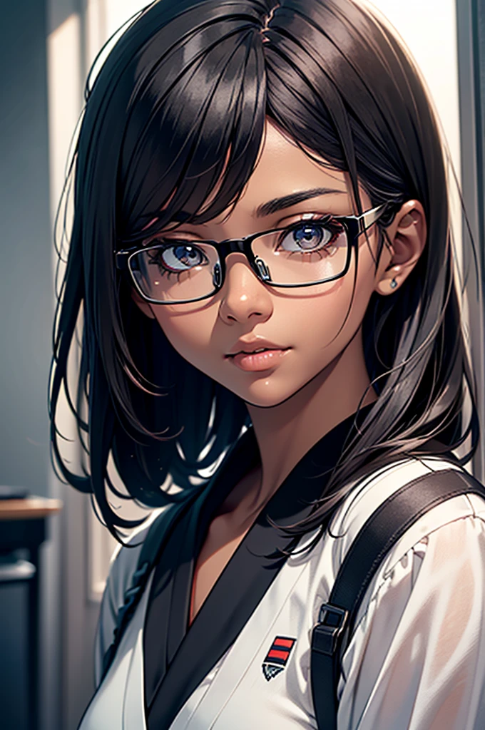 girl with dark skin, black hair, brown eyes, glasses, black and white outfit, standing next to japanese school, detailed face, detailed eyes, detailed clothing, realistic, photorealistic, 8k, highres, masterpiece, ultra-detailed, physically-based rendering, vivid colors, studio lighting, sharp focus