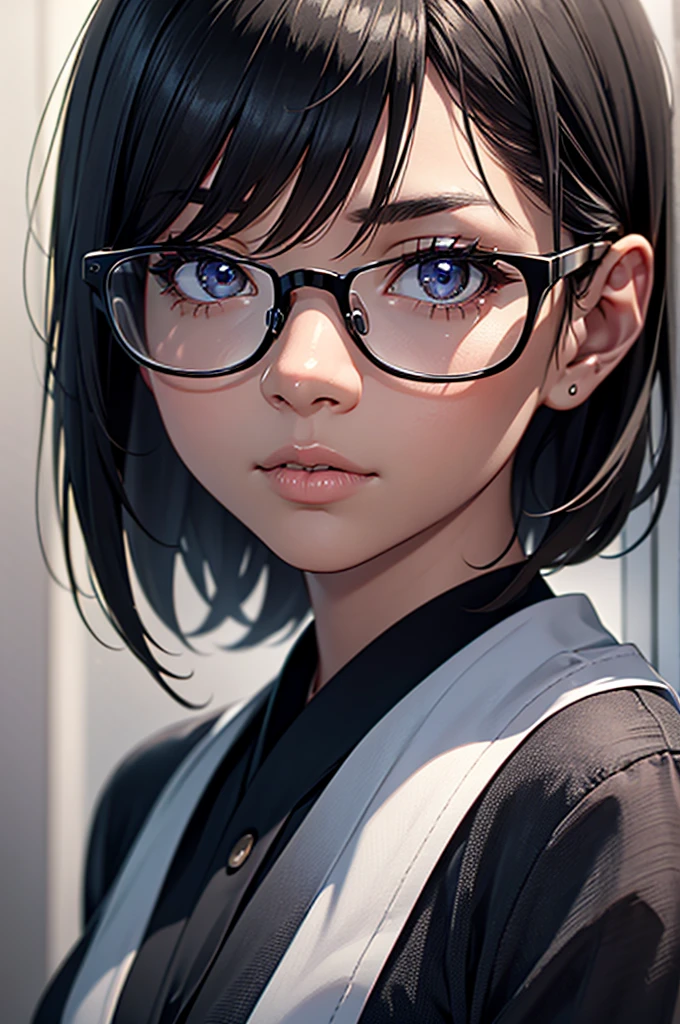 girl with dark skin, black hair, brown eyes, glasses, black and white outfit, standing next to japanese school, detailed face, detailed eyes, detailed clothing, realistic, photorealistic, 8k, highres, masterpiece, ultra-detailed, physically-based rendering, vivid colors, studio lighting, sharp focus