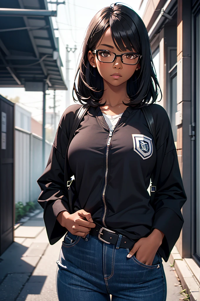 girl with dark skin, black hair, brown eyes, glasses, black and white outfit, standing next to japanese school, detailed face, detailed eyes, detailed clothing, realistic, photorealistic, 8k, highres, masterpiece, ultra-detailed, physically-based rendering, vivid colors, studio lighting, sharp focus