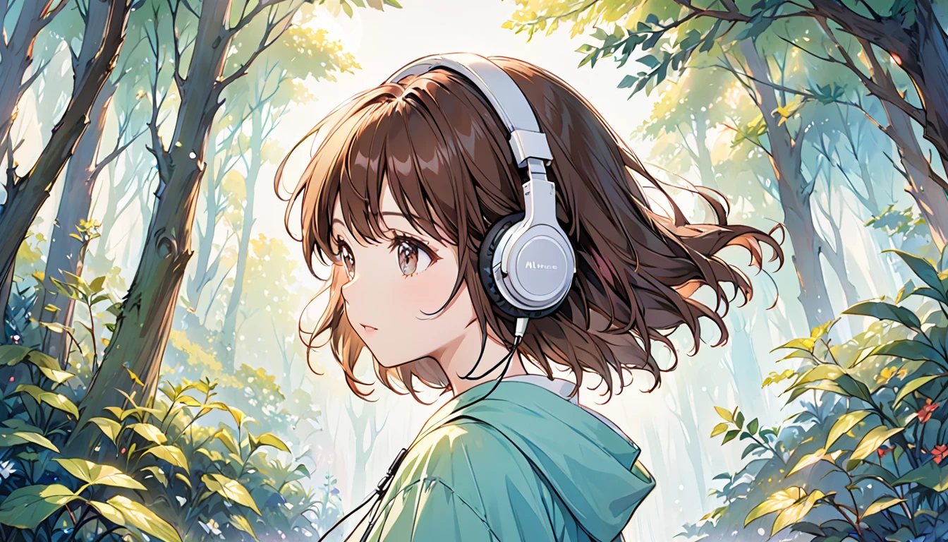 Girl wearing headphones,Brown Hair,1 person,bright,「Whispers in the forest」