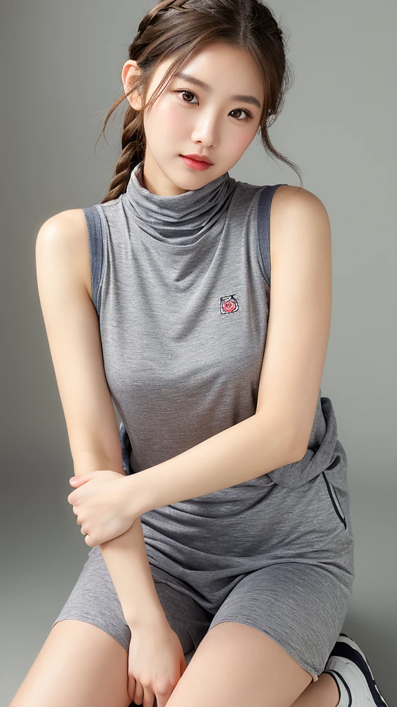 vivid,Normal chest,((between legs)),cute,(Detailed face),Long cloth,Sharp Eyes,Turtleneck sleeveless sporty lightweight grey fabric,Ultra-high resolution,(Photorealistic:1.7),Braided Hair,Gray background,