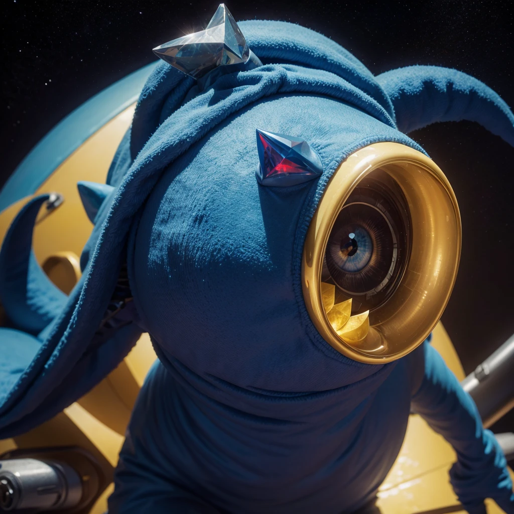Blue creature in space, long horns, sharp teeth, yellow eyes, holding a red crystal