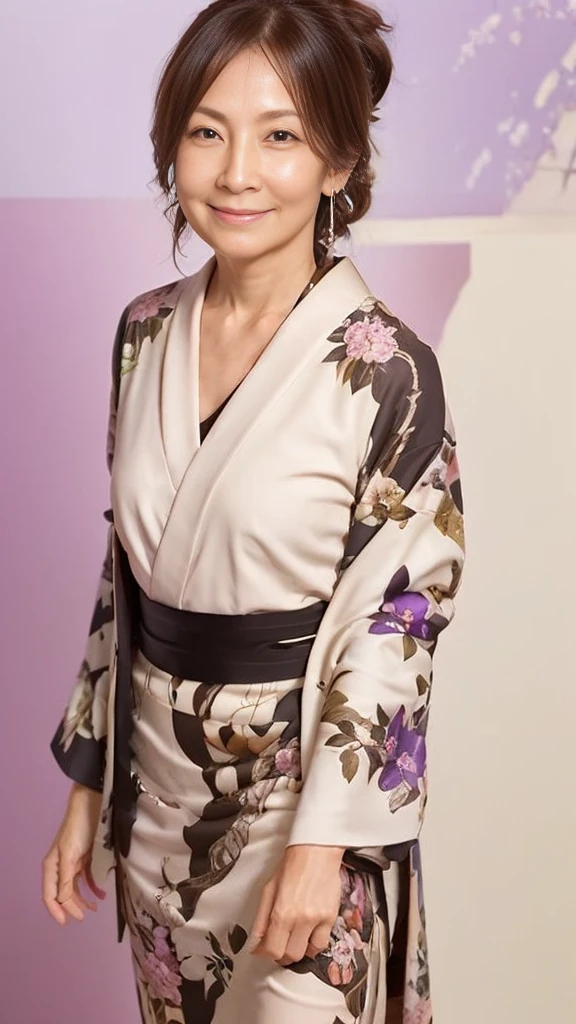Browsing Caution, ((Highest quality)), ((8K)), ((masterpiece: 1.3)), (Perfect appearance), (Photorealism: 1.2), (KE), (JMA), (Standing woman), Japanese women, (38 years old), Married women, ((Realistic skin texture 1.8)), (Fine wrinkles appear all over the skin: 1.3), (Dullness: 1.1), (Unmoisturized skin: 1.2) , (Facial wrinkles: 0.9), (Wrinkles around the eyes: 1.2), double eyelid, Lower eyelid tear trough, (Crying Mole: 0.9), The eyes are looking here, Smile with your lips slightly open, (Dimples: 1.2), The bangs are short, Long Hair, ponytail, Kimono with floral pattern on a light purple background, White tabi, Sandals, ((whole body)),
