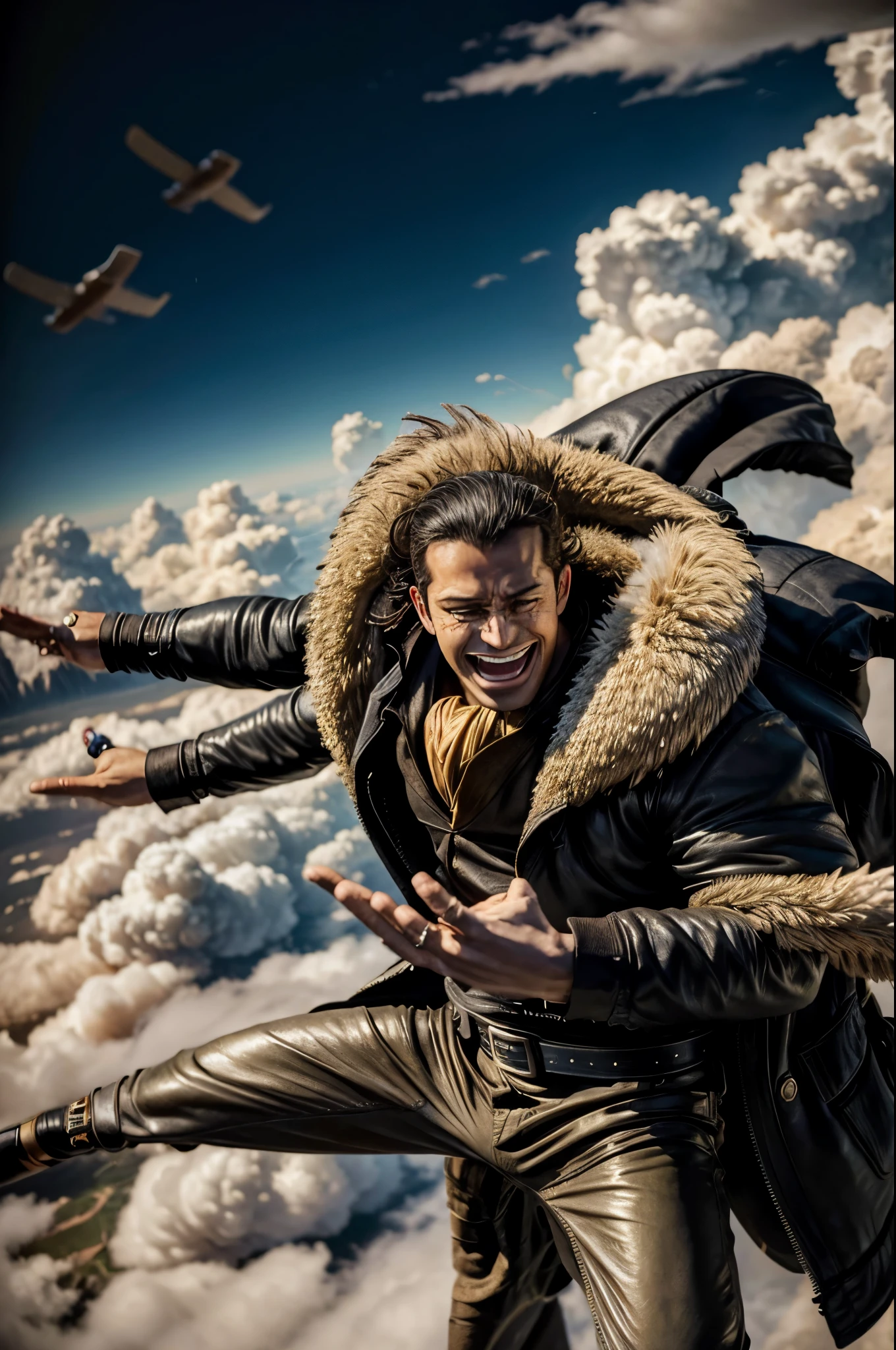 masterpiece, best quality, extremely detailed, hyperrealistic, photorealistic, a cool 40s man, ultra detailed face:1.3, fur-trimmed coat, scarf around the neck, his left hand is a golden pirate hook:1.1, skydiving:1.1, flying, floating, aerial view shot, laughing, above the clouds, a lot of white clouds