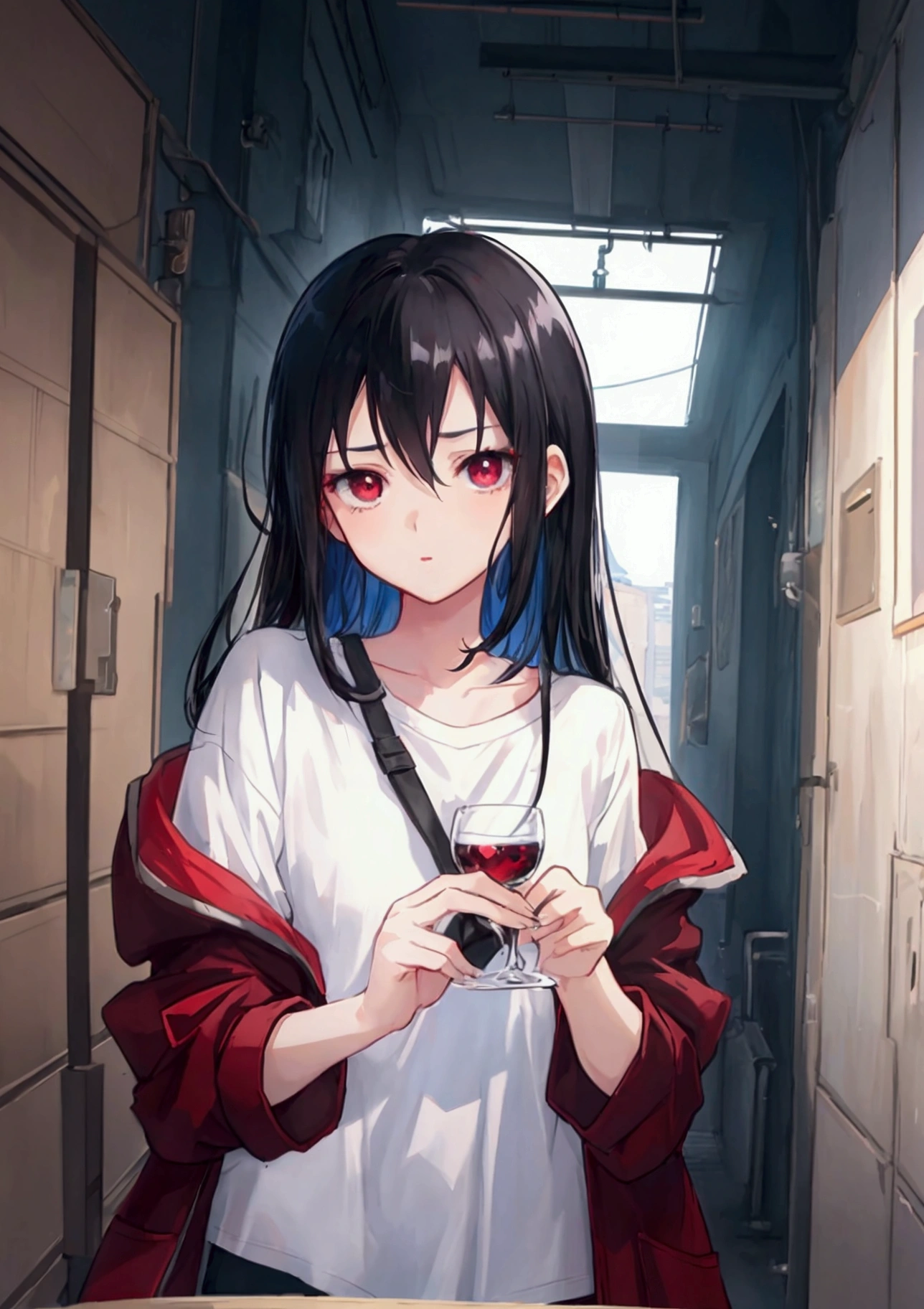 cutaway shot of a boy, black hair, white t-shirt, blue eyes, and a girl with loose and disheveled black hair, wine red eyes, scientific coat, looking and kissing, kiss, kissing, love concept art, shojo romance, animated background art, high quality fanart, Makoto Shinkai Style, 4k manga wallpaper, Warm and beautiful scene, beautiful anime, anime background, adorable