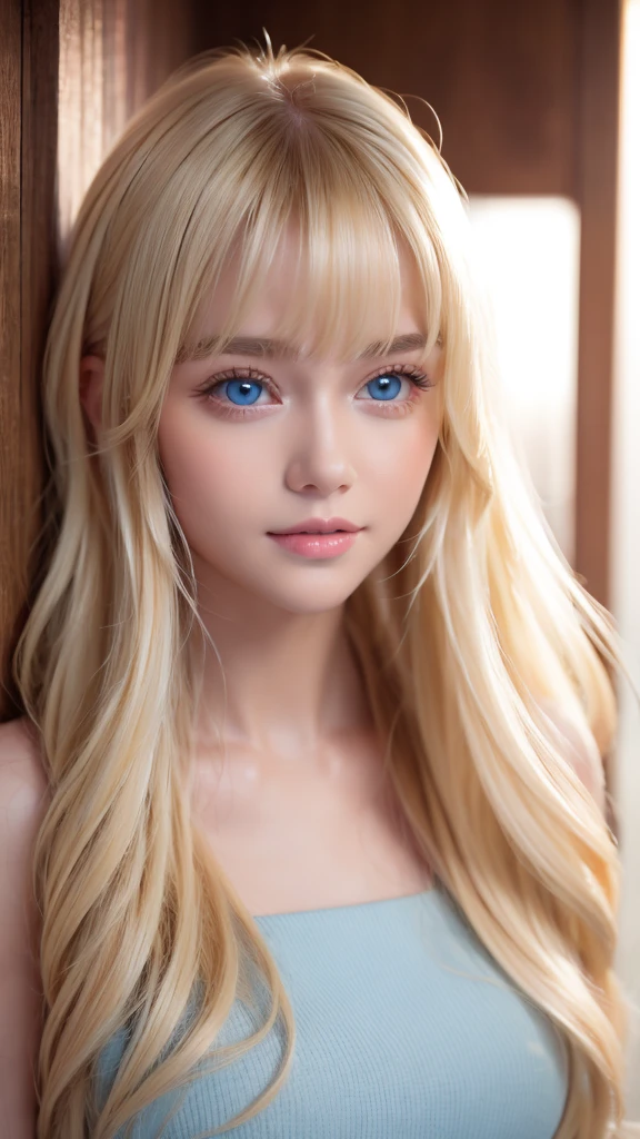 Bright golden shiny hair、Dazzling blonde super long silky hair、 cute little beautiful face、Shining blonde dancing in front of a pretty face、Long, silky bangs that cover the space between the eyes、Very beautiful, bright, large, light blue eyes、Very big eyes、Hair that hides the face、Sexy pretty young woman with super long bangs、Pure white skin、Cheek gloss highlight