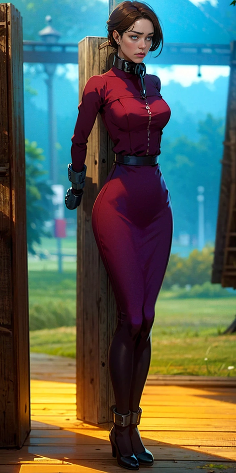 (Masterpiece, best quality, intricate details, 1sologirl) iron collar, arms behind back, iron cuffs, shackles, bound ((standing by wooden pole:1.2)) looking from above happy closed mouth