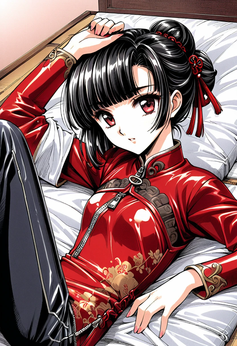 Sakura Jinguji, with her long black hair cut, spreads her pubic hair in a long sleeved, luxuriously embroidered, super shiny satin pink Western frill dress.　She cries and takes off her pants