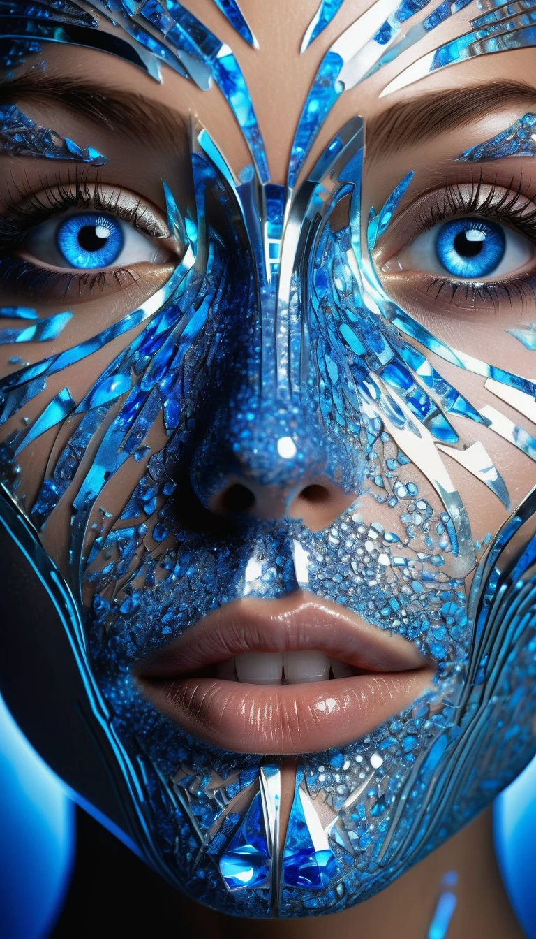 a woman's face, bathed in a radiant glow, with her features artistically distorted by a complex blue crystal pattern resembling a III-nitride photonic crystal. This pattern should amplify the light from her skin, resulting in a captivating display of luminescence. Her bright blue eyes, wide and filled with wonder, should appear to look deeply into the viewer's soul, conveying an invitation to appreciate the profound beauty of this scientific marvel