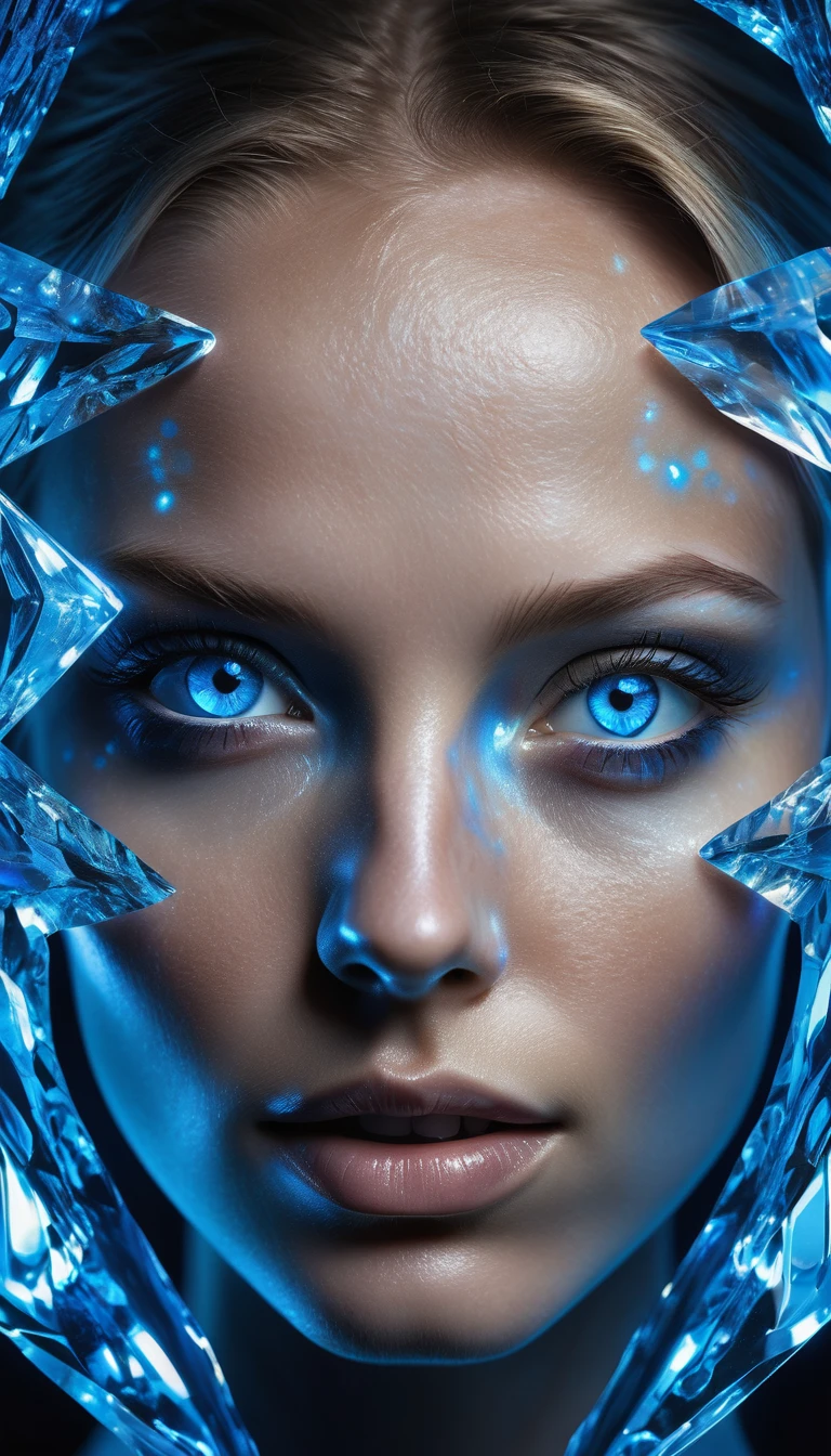 a woman's face, bathed in a radiant glow, with her features artistically distorted by a complex blue crystal pattern resembling a III-nitride photonic crystal. This pattern should amplify the light from her skin, resulting in a captivating display of luminescence. Her bright blue eyes, wide and filled with wonder, should appear to look deeply into the viewer's soul, conveying an invitation to appreciate the profound beauty of this scientific marvel