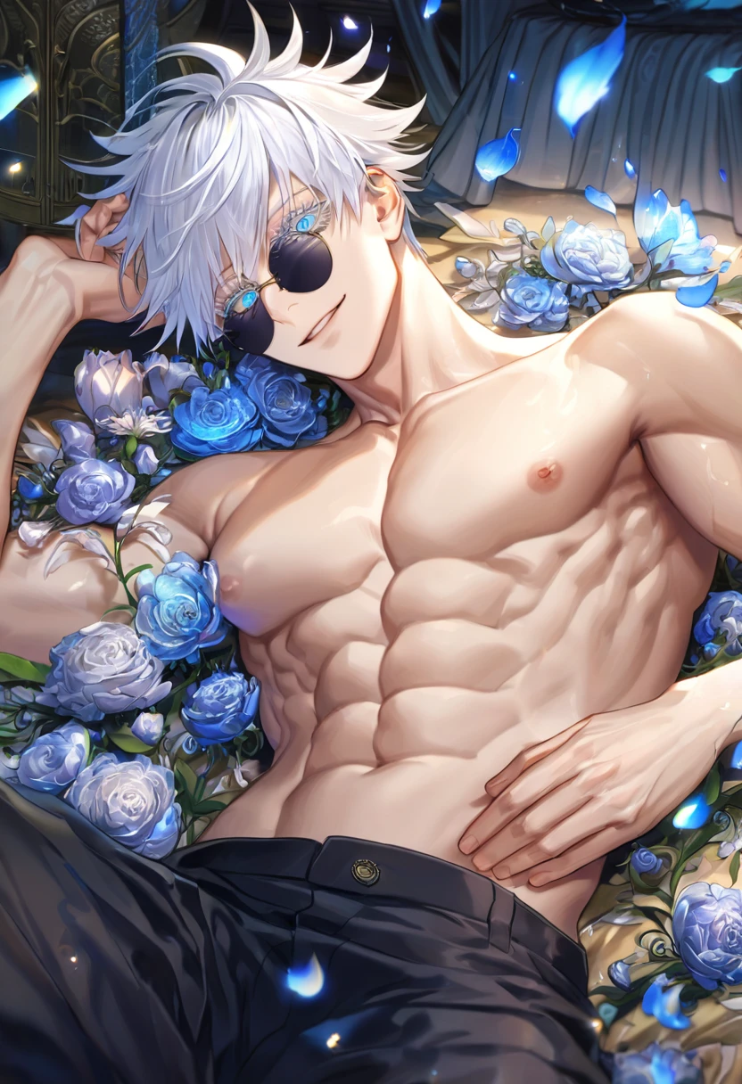 absurdres, highres, ultra detailed, HDR, master piece, Gojou Satoru, white hair with bangs, white eyelashes, expressive blue eyes, hair between the eyes, bare chest, toned chest, Jujutsu Kaisen, sexy man lying on a bed, room, bed, handsome, best quality, flowers, fantasy, magical, solo, blue shining fireflies, blue petals, black round sunglasses, handsome smile, black pants