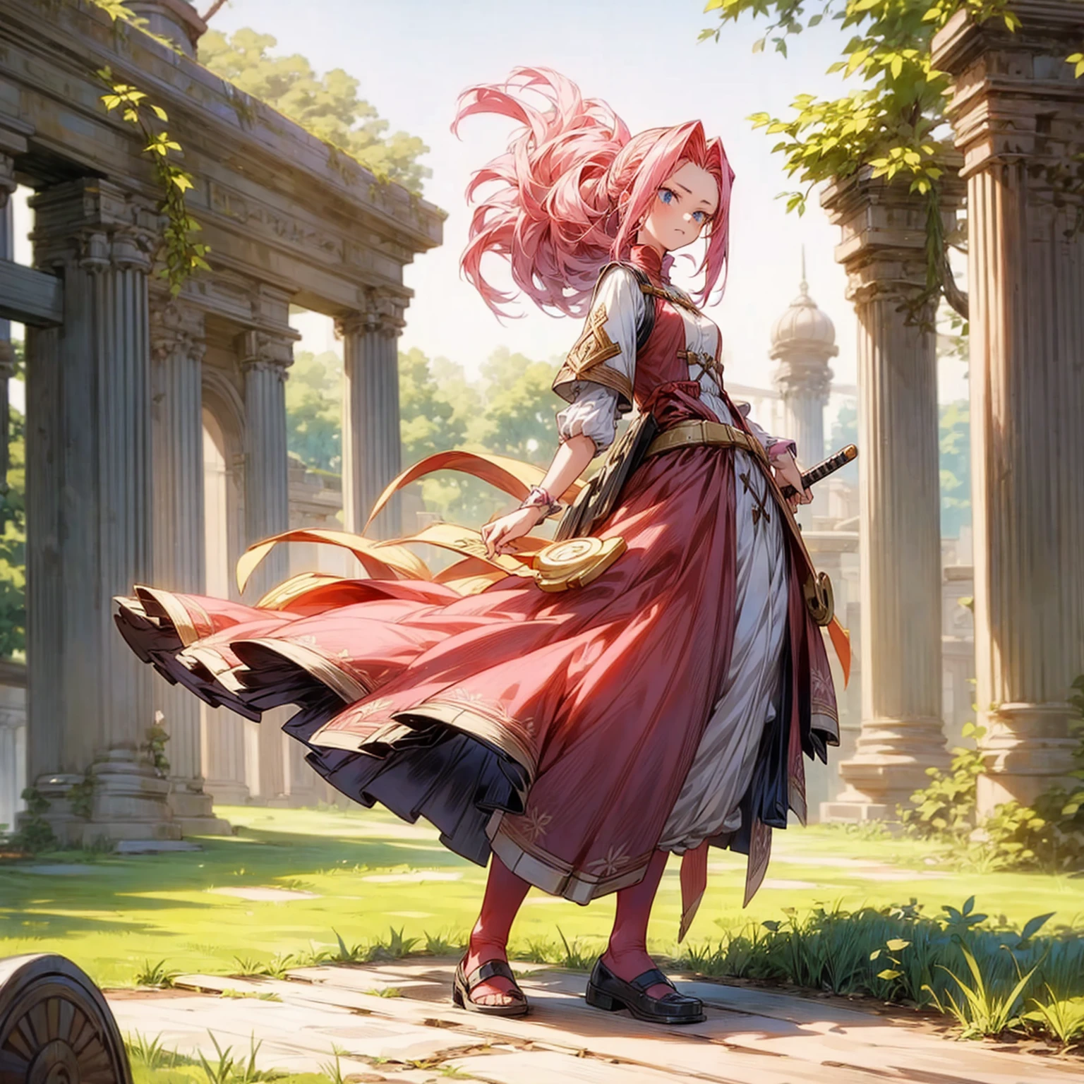 1girl, Full body version, 1character, blue eyes, long Curly haircut, pink colour hair, ancient roman style clothing, red colour clothing, Grassroots, background in field Castle, motion blur, (Hunter x Hunter style), long sword in hand,