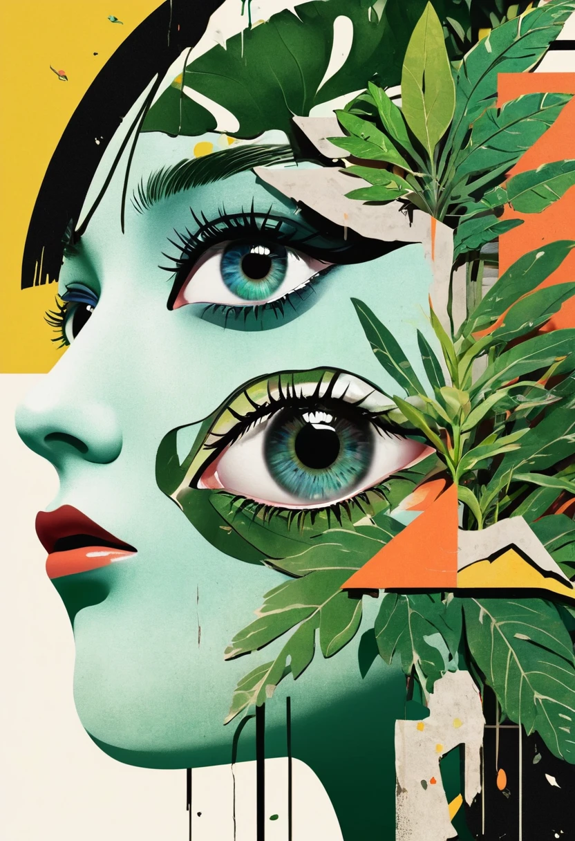 poster design,dadaist,Eye,Distorted faces,Deconstruction,Eye上的建筑,plant,Layered splicing,Raw Edges,Flat vector,3D space