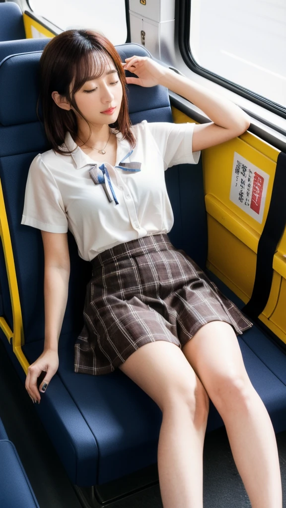 20-year-old women,,Clear images、Real women 、Brown Hair, Medium Hair〜Half-up、She is sleeping soundly with her mouth open.., Slim figure ,Breasts are a little bigger than normal , Head to toe full body shot, Shiny white high heels、 Blouse with ribbon on the chest、Checkered mini skirt, Sit comfortably in the back of the bus, 、私 threw my head back and fell into a deep sleep..,Arms hanging down. I'm exhausted on the way home after work..Sleeping like the dead.My knees are open, Both feet are on the floor, sleeping face, close your eyes, Mouth wide open and drool、Tilt your head back and look up, I can rest my head on the seat and sleep soundly..., Anatomically correct,Composition looking up from the front
