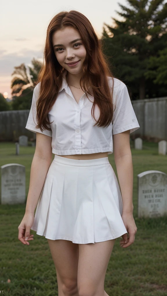 -yeld seyoung girl similar to Chloë Grace Moretz, smiling, with very long red hair, in a  (white dress shirt, short sleeves, plaid mini skirt, no socks, white tennis shoes) tight clothing, in a cemetery at night. ultra-realistic image, high quality, 88mm, sharp background, perfect hands, cute round face, perfect face, 13 years ng body, super detailed, 8k, full body shot