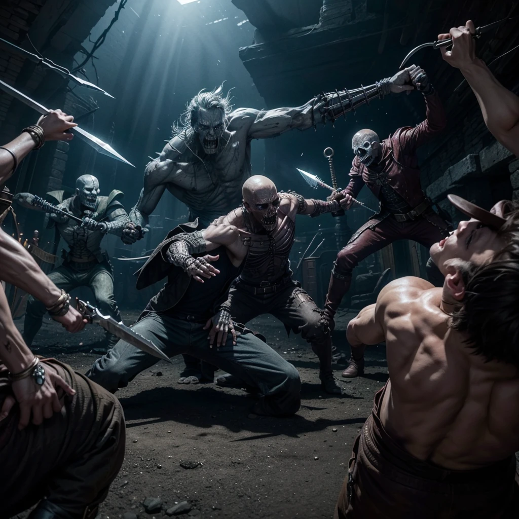 Use this reference image to create a fight scene for this character against 4 undead, and two of them are trapped by a skeletal hand, the character advances towards one of them with a dagger in his hand
