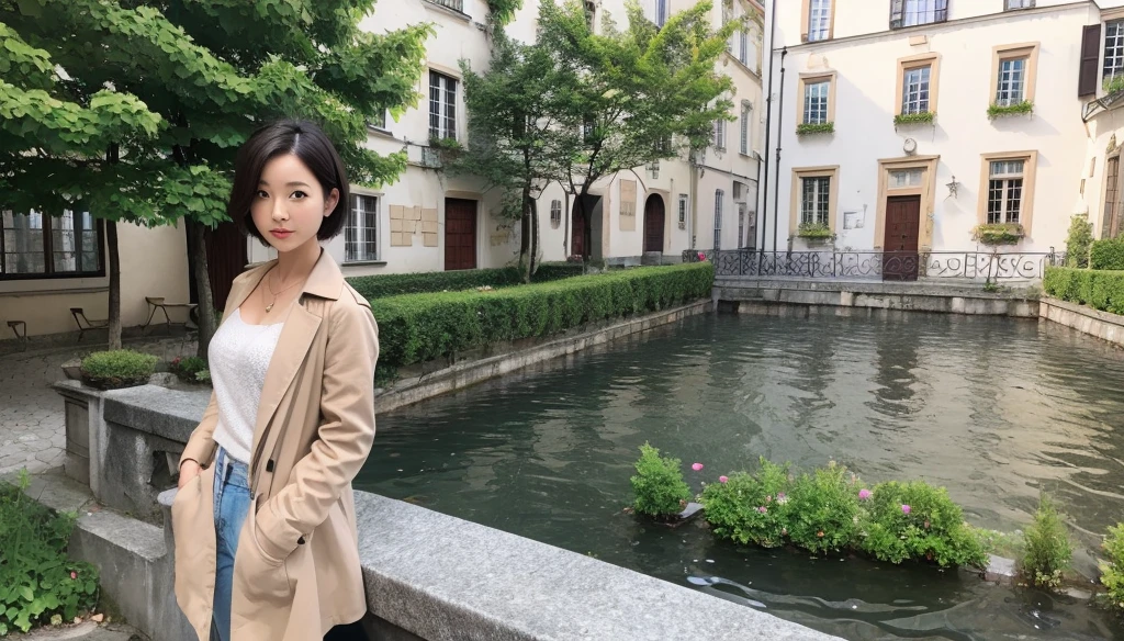 high quality, 1 woman, ((36-year-old healthy Korean woman)), ((36 years old)), 1 woman, ((slim)), ((short medium hair)), pose: standing, Myungpum brand knit sweater, light trench coat, casual pants, background:Your residence is a baroque townhouse with a plaster façade and wrought iron railings.., Overlooking the Salzach River and Hohensalzburg Fortress, 1 woman