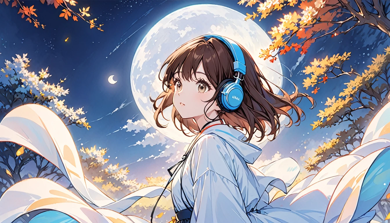 Girl wearing headphones,Brown Hair,1 person,bright,「Under the moonlight」