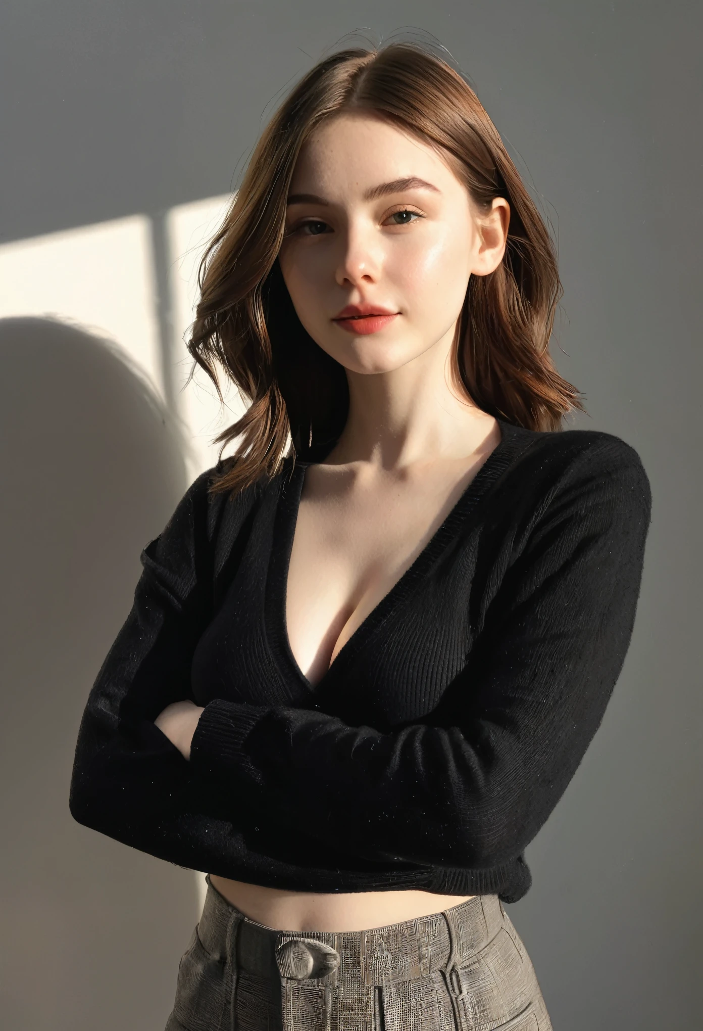 instagram photo, photo of 23 y.o Chloe in black sweater, cleavage, pale skin, (smile:0.4), hard shadows