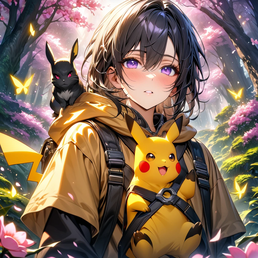 Boy with yellow hoodie,pikachu on shoulder, forest, absurdres, highres, ultra detailed, HDR, master piece, best quality, black hair, expressive purple eyes, black clothes, magical, fantasy, shining, pink flowers, blossoms, yellow butterflies