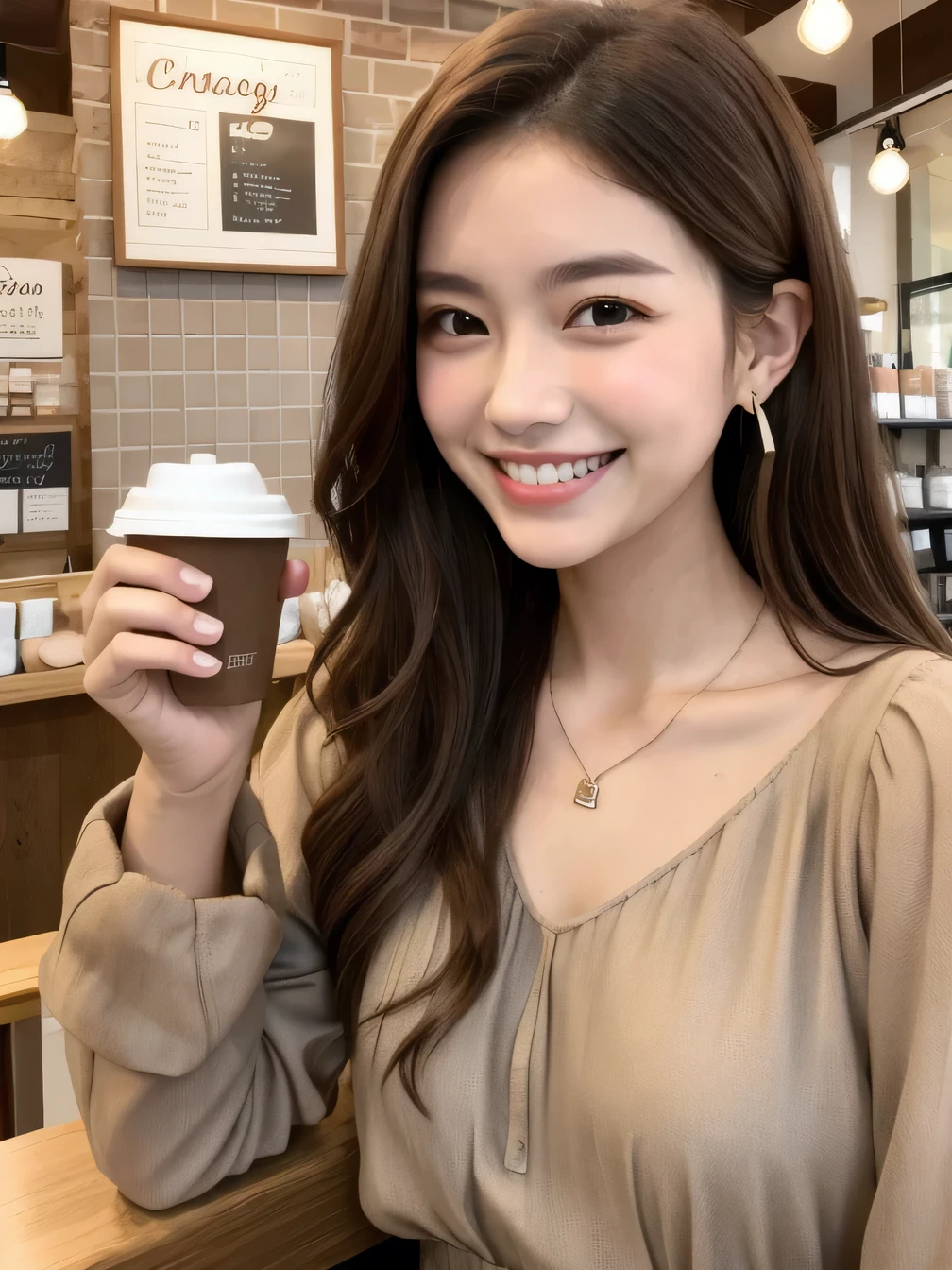 Clear Beauty、、 smile、Beautiful teeth alignment、Brown Hair、、Wavy Hair、ear piercing、Necklace around the neck、Long sleeve blouse、The background is a coffee shop

