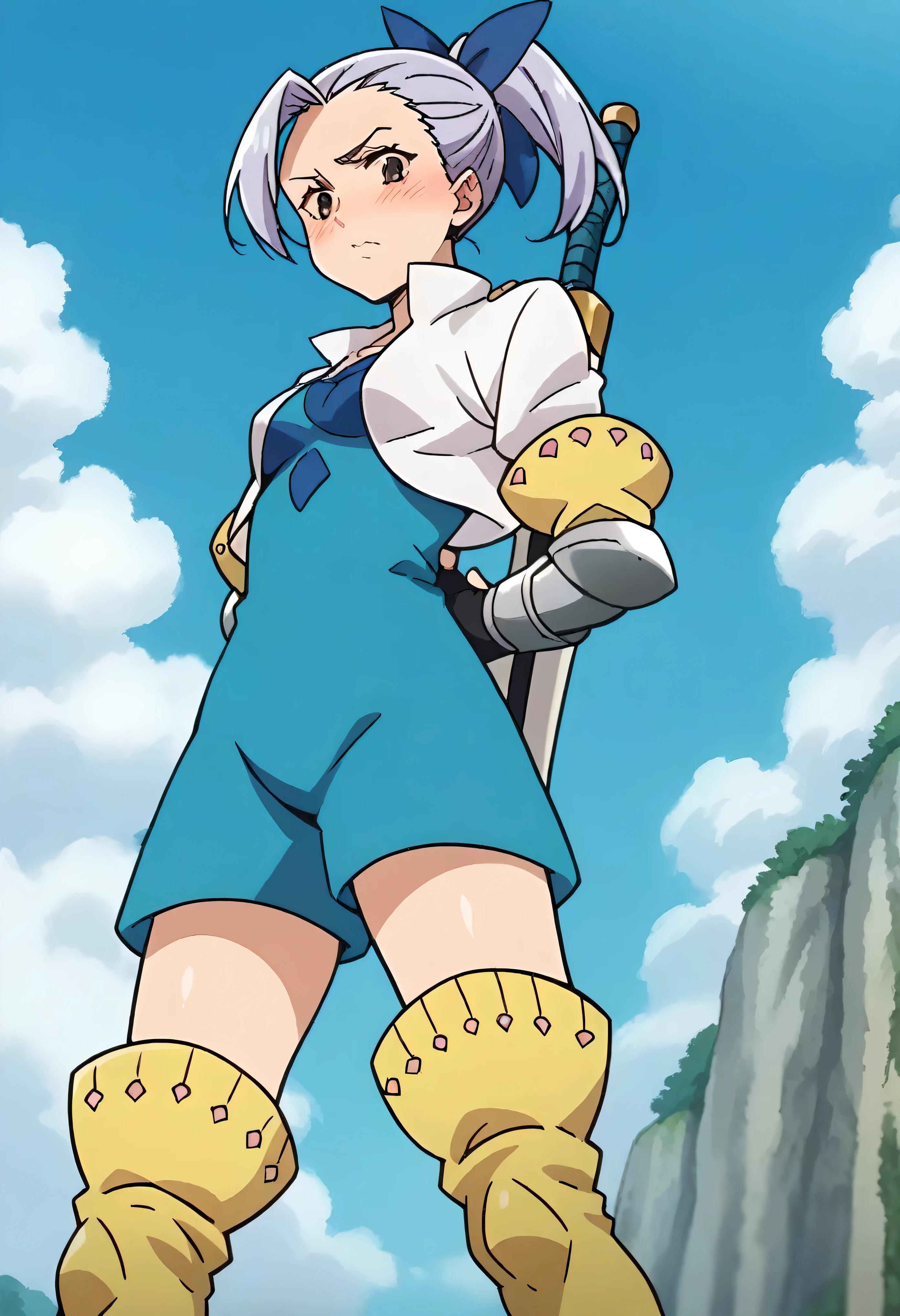 score_9, score_8_up, score_7_up, source_anime, masterpiece, jericho7, 1girl, lavender hair, hair bow, cropped jacket, blue dress, gauntlets, fingerless gloves, thigh boots, weapon on back, sky, blue sky, arms behind back, from below, blush, looking at viewer