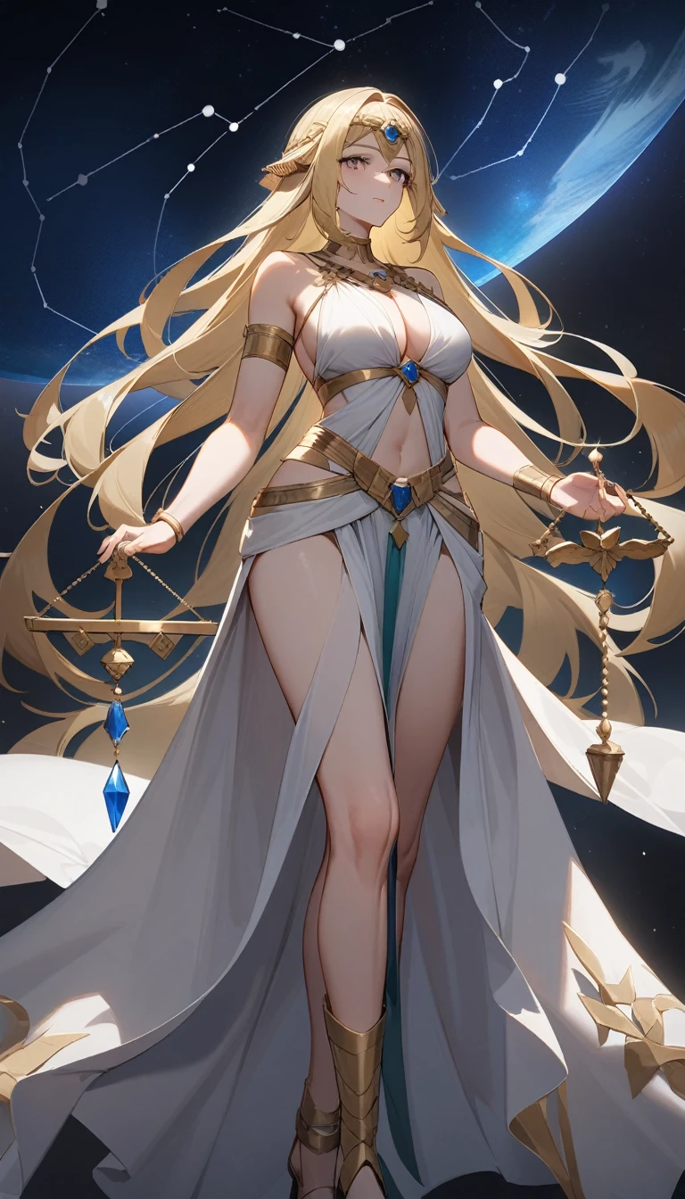 （Huang Li、high quality、Extremely detailed），Constellation - Libra goddess，Huge Libra，Woman holding a scale，Similar to Latin goodness，brave，capricious，Productivity，The face of enterprising and humanitarianism，Long yellow hair，Ancient Greek costumes、Wrap Dress，Conservative clothing，The background is the universe，Crystal black eyes（Eyes Details），Powerful appearance, Correct anatomy