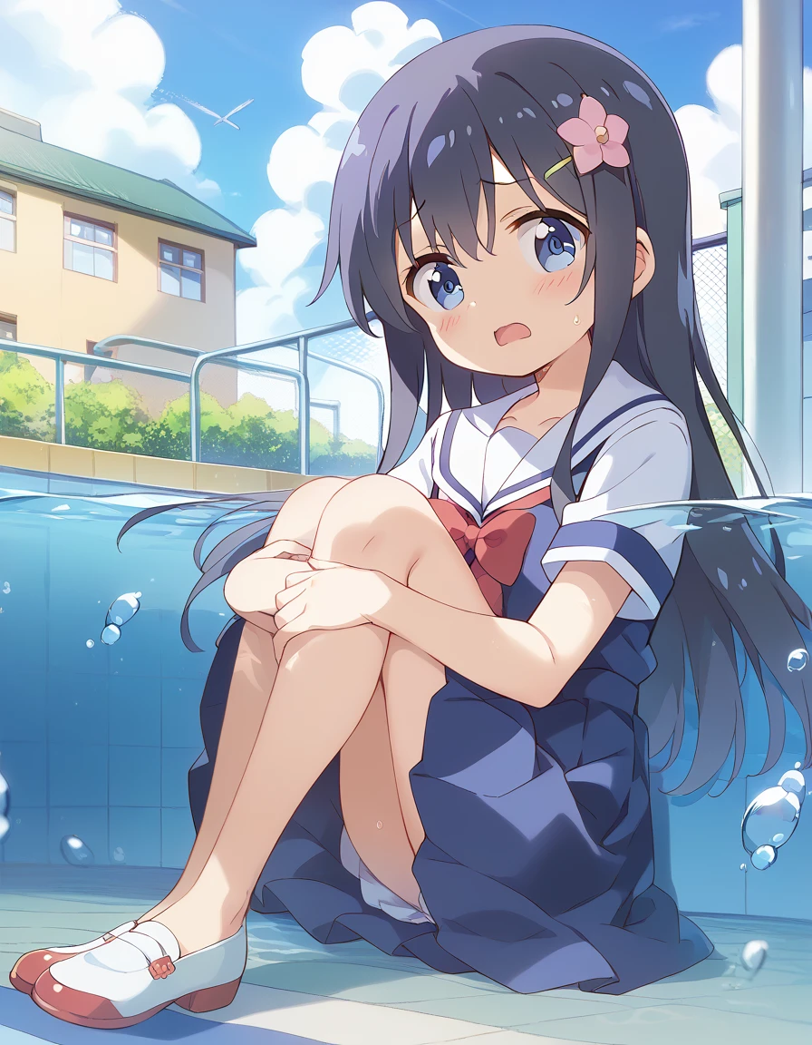 score_9, score_8_up, score_7_up, source_アニメ, masterpiece, 1girl, watahana, blue eyes, hair ornament, hair flower, school outfit, blue dress, sailor dress, white sailor collar, red bow, sitting, hugging own legs, outdoor, school yard, field, full body, cowboy shot, looking at viewer, indoors, open mouth, Black Hair、Shiny Hair, Primary school students、Skirt fully open、Long wide skirt、cute、White underwear、blush、Watery eye、Lots of water、Wet、((Wind power increase))、The skirt floats on the water、(drowning water)、(Underwater Shot Of The Swimming pool)