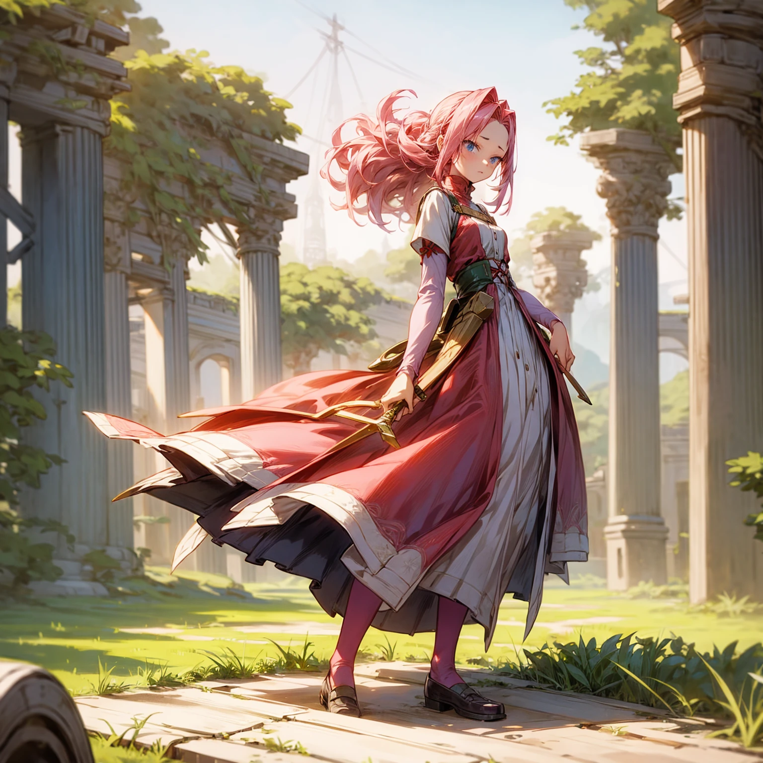 1girl, Full body version, 1character, blue eyes, long Curly haircut, pink colour hair, ancient roman style clothing, red colour clothing, Grassroots, background in field Castle, motion blur, (Hunter x Hunter style), long sword in hand,