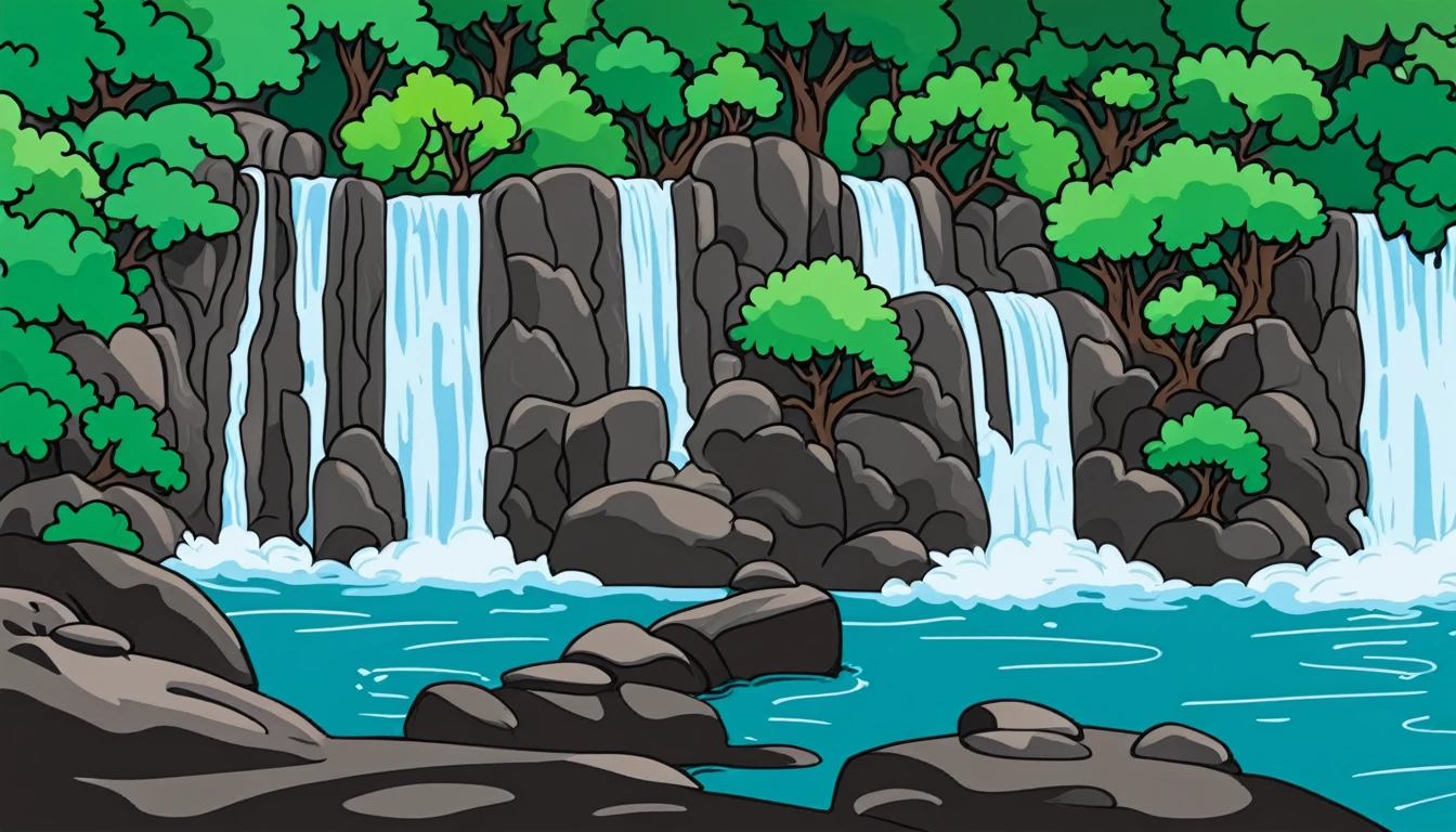 /Imagine Prompt: Waterfall illustration for banner on white background, bold outline style, irregular, Trashcore, light shading
