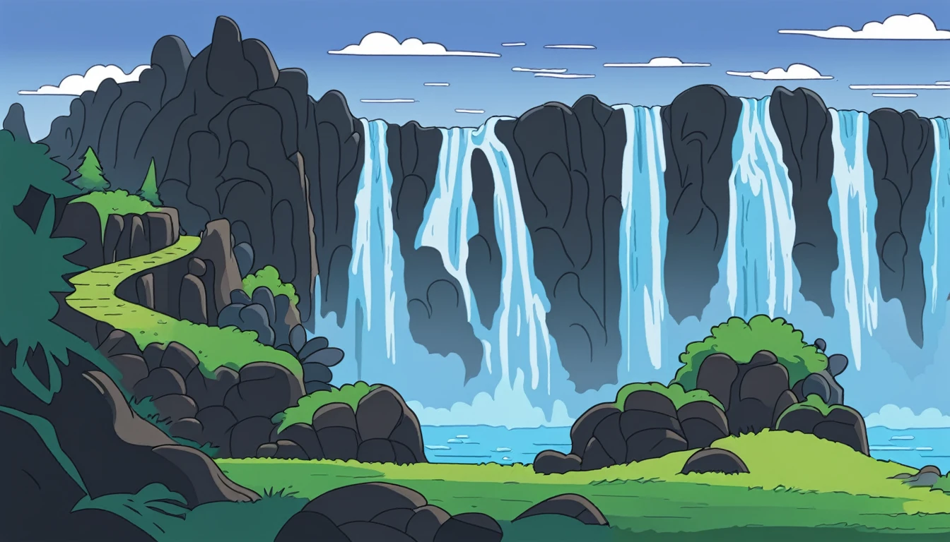 /Imagine Prompt: Waterfall illustration for banner on white background, bold outline style, irregular, Trashcore, light shading
