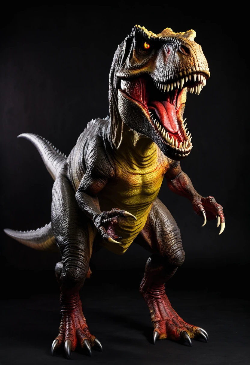 Zombie T rex dinosaur, fire eyes, villain, dark coloured, Blood in mouth and teeth, scary face, full body, full body view,