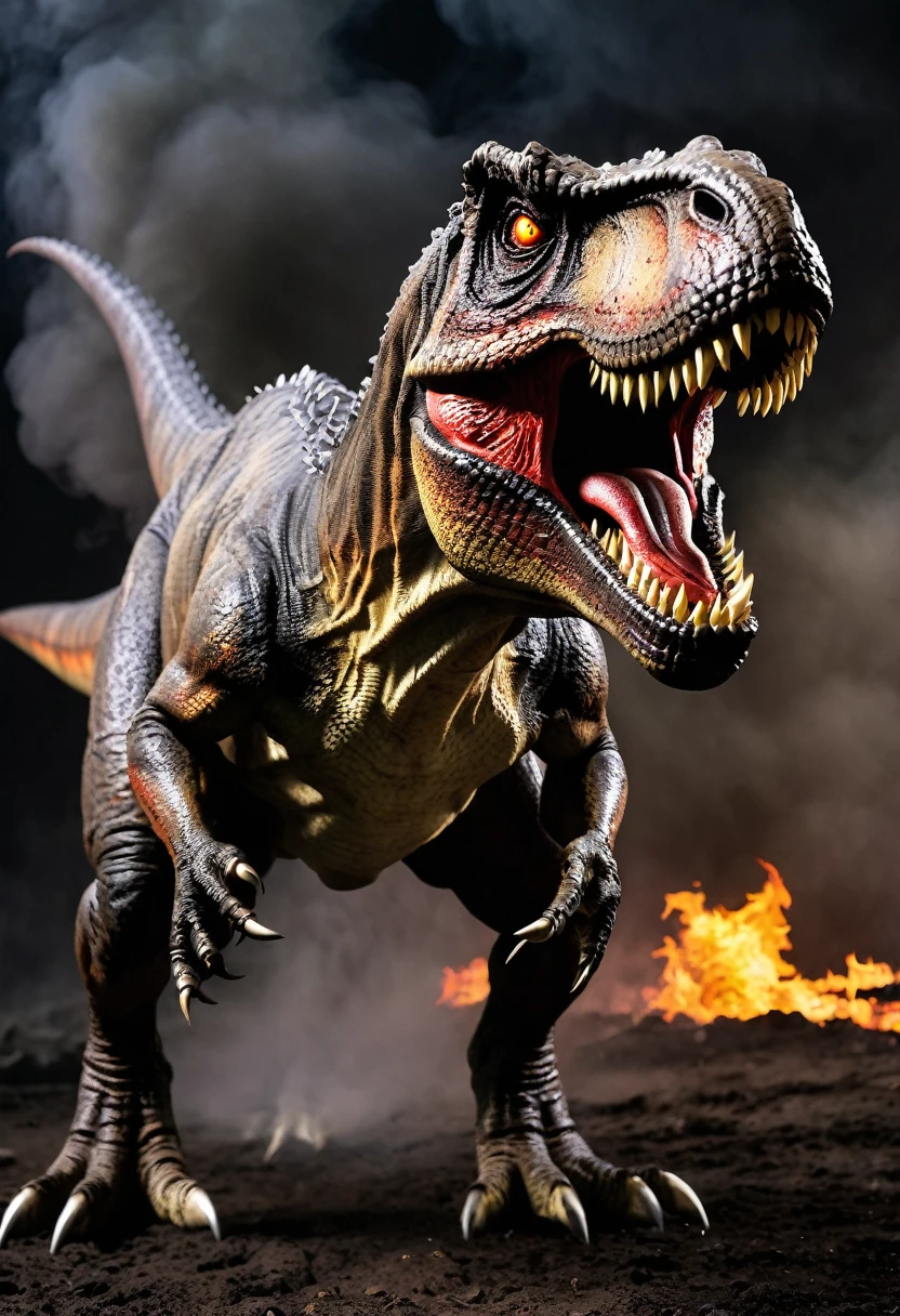 Zombie T rex dinosaur, fire eyes, villain, dark coloured, Blood in mouth and teeth, scary face, full body, full body view,