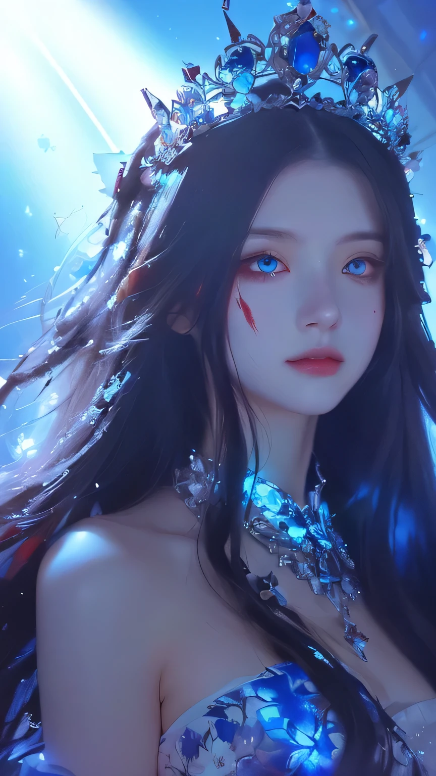 Anime girl with blue eyes and a crown on her head,((Blood stains on the face)),(Eyes glow blue:1.2),Blood splatter, Smirk, artwork in the style of Gwaiz, art gelm. Anime illustration, Detailed digital anime art, Beautiful Fantasy Empress, 8k high quality detailed art, Alphonse Mucha and Rosdrose, Gwaiz, extremely detailed art gelm, Alice x. open, Portrait of Rosdrow, Anime fantasy illustration,Dimly lit room