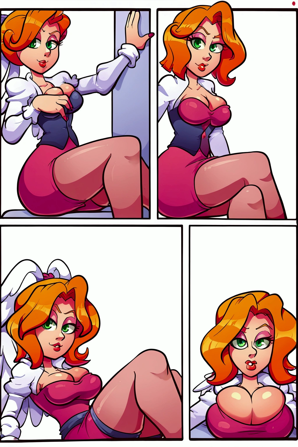 ::web comic:: a cartoon image of a woman , pov furry art, widow's former lover, comic book art, lazy |, widow, commission for high resolution, oc commission, harlequin queen, art cover illustration, must tear from the overlord, tracer in a skintight dress, angel in tight short dressbig breasts, thick-thighs, Cury , Britney Lees (style hentai). panties pink, ((character is sitting on a Pouffe)),White background.