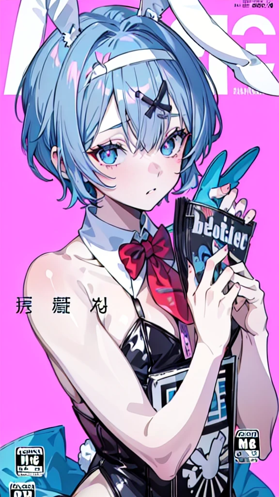 ((1boy)), hair ornament, blue hair, rabbit ears, playboy bunny, (Boy Messy Japanese Round Haircut for Thick Hair), bangs, leotard, blue eyes, detached collar, pink background, simple background, (solo)), (magazine:1.3), (cover-style:1.3), fashionable, (masterpiece, best quality, high quality, highres, ultra-detailed)