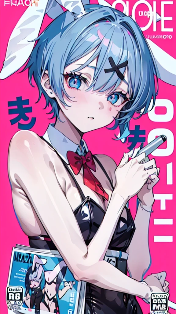 ((1boy)), hair ornament, blue hair, rabbit ears, playboy bunny, (Boy Messy Japanese Round Haircut for Thick Hair), bangs, leotard, blue eyes, detached collar, pink background, simple background, (solo)), (magazine:1.3), (cover-style:1.3), fashionable, (masterpiece, best quality, high quality, highres, ultra-detailed)