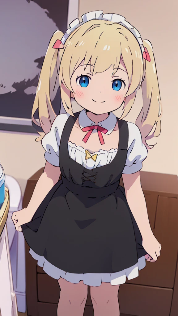((masterpiece))((Highest quality))girl、smile、blush、Flat Chest、Are thin、Blonde Hair、Are standing、Eye level to pussy、front、No background、真frontのアングル、A black maid outfit full of frills、Twin tails、Angle where you can see inside the skirt、Fisheye Lens