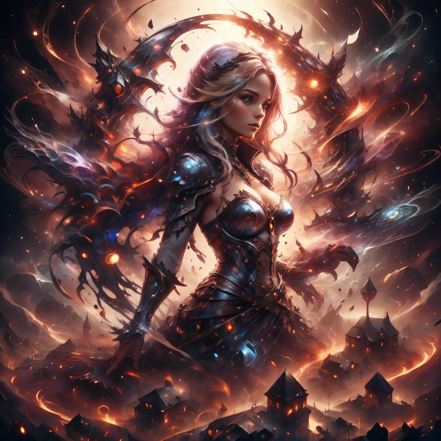 (Femme ) marcher dans une cité mediévale la nuit, graphiste Magali Villeneuve, explorateur fantasy, Stylé par Raymond Swanland, nécromancienne, magie, invoque des morts-vivants, art de personnage de fantasy épique, art de personnage génial, portrait d'une femme ladina, Illustrations de personnages de RPG, theme bleu, pratique la magie, haute qualité, magicienne, wizard, cheveux blond, (gothique)
