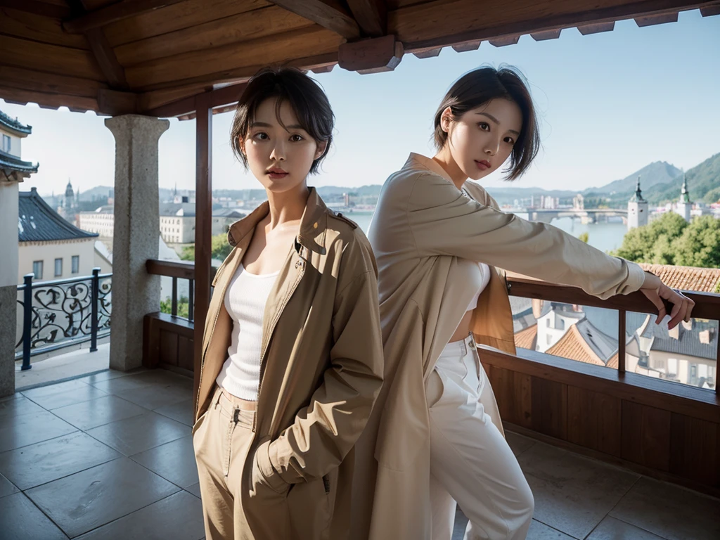 high quality, 1 woman, ((36-year-old healthy Korean woman)), ((36 years old)), 1 woman, ((slim)), ((short medium hair)), pose: standing, Myungpum Brand Windbreaker Jacket, light trench coat, casual pants, background:Your residence is a baroque townhouse with a plaster façade and wrought iron railings.., Overlooking the Salzach River and Hohensalzburg Fortress, 1 woman