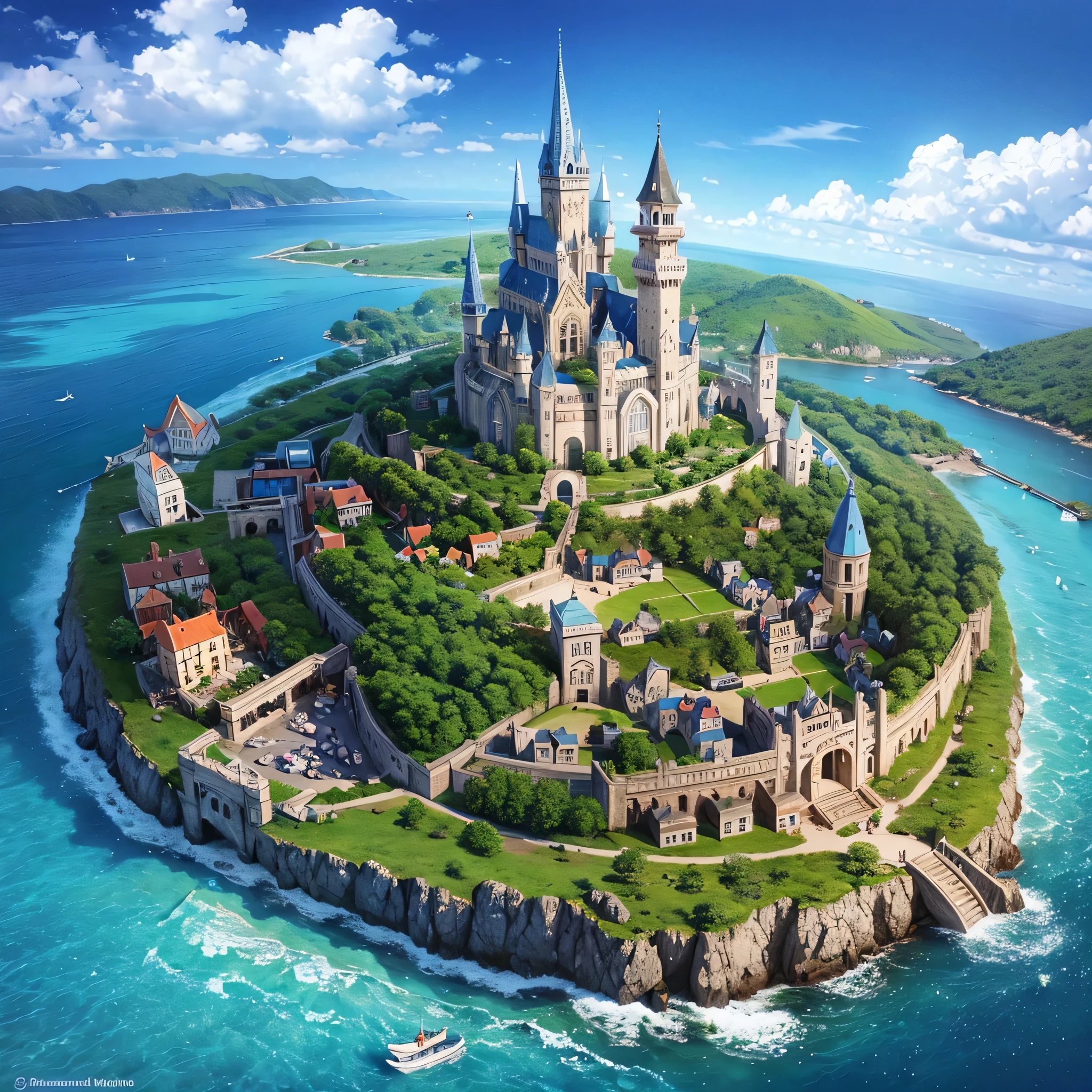 A small magical medieval island city, top-down view, surrounded by walls, houses, various important locations, small wizard's castle, medieval architecture, luminous details, wizard's tower with magical lights, welcoming asylum, vibrant school, robust bank, lively tavern, military training grounds, bustling market, official mayor's building, discreet brothel, port with docks, blue surrounding water, protective walls, vibrant colors, around 40 people living in the city, D&D map, drawn with extreme detail, alone in the ocean, really small island, rpg drawing, fantasy sketch, various buildings, assymetric, round island, very safe and secure. alone in the sea, isolated island, no more islands on sight, 1 island. Small city, simple drawing, sketch, painting