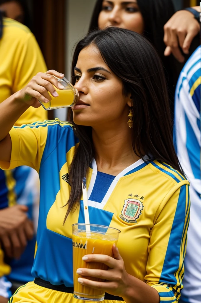 Woman drinking Argentine mate with yellow uniform of the Colombian soccer team