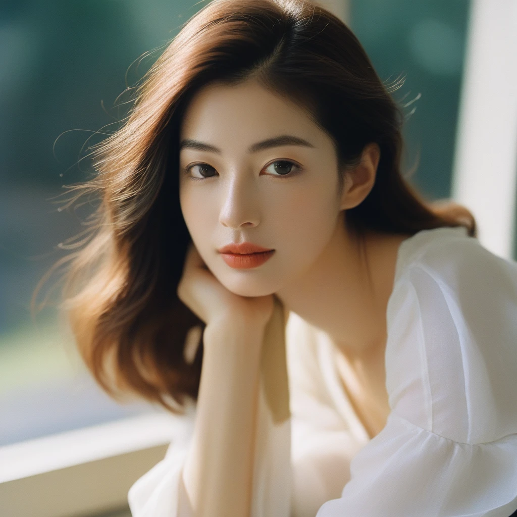 Close-up candid portrait photo of artistic young Korean woman, Retro-future, Movie stills, ((alone)), (Looks like Anne Hathaway: 0.9), Sit by the window, The sun shines on her face, Soft romantic lighting, Summer day, Leica SL3, Summicron SL75f/2. Asf, Kodak Gold 200 Film, Bare shoulders, Dynamic action poses,