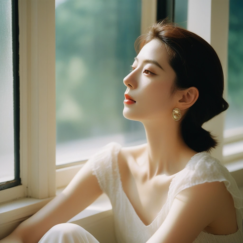 Close-up candid portrait photo of artistic young Korean woman, Retro-future, Movie stills, ((alone)), (Looks like Anne Hathaway: 0.9), Sit by the window, The sun shines on her face, Soft romantic lighting, Summer day, Leica SL3, Summicron SL75f/2. Asf, Kodak Gold 200 Film, Bare shoulders, Dynamic action poses,